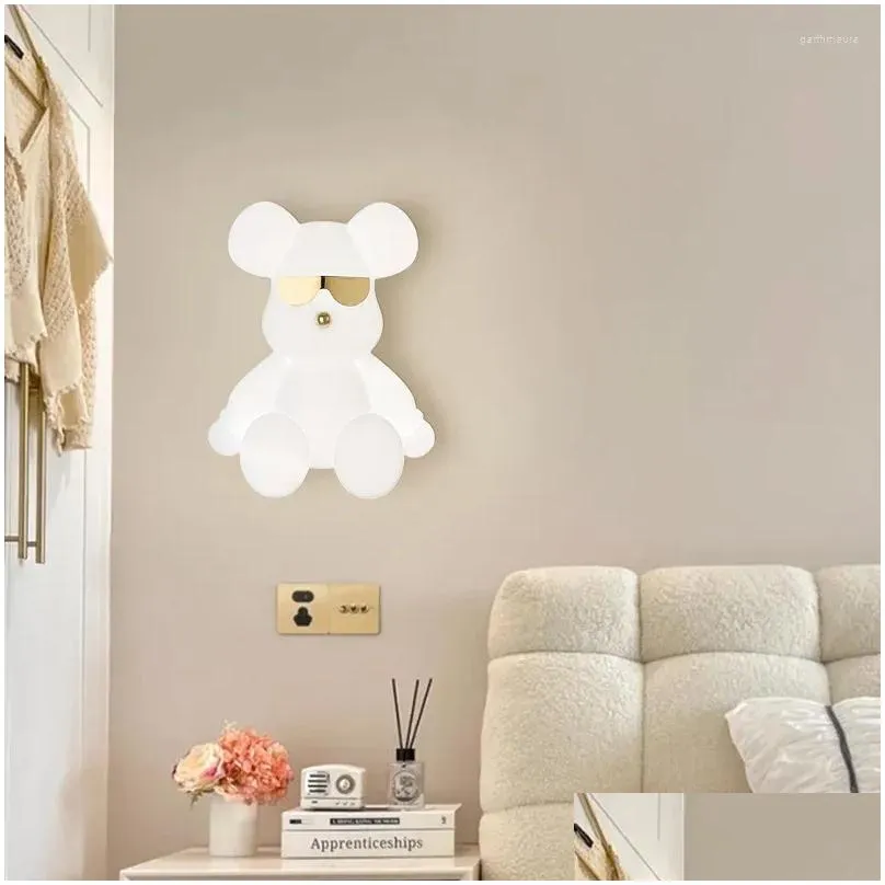 Wall Lamps Sunglasses Bear Cute Childrens Room Decor Lamp Led Modern Warm Baby Teen Girl Boy Bedroom Bedside Lights Drop Delivery Dhxdt