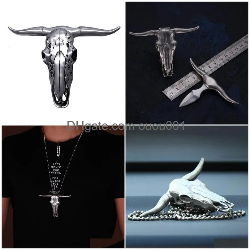 Flashlights Torches Cam Survival Cow Skl Folding Cutter Faux Taxidermy Carved Texas Longhorn Car Decoration Belt Buckle Pendant Tool Dhxai