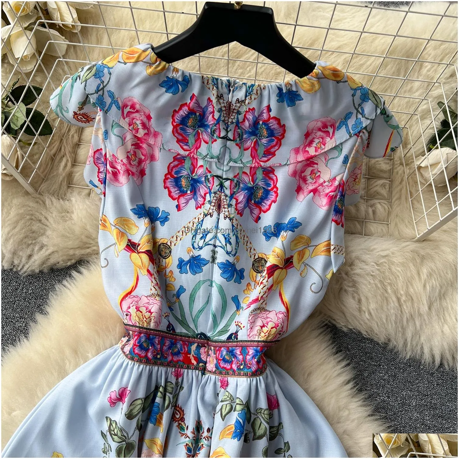 Basic & Casual Dresses Summer Runway Vacation Dress Women Ruffles V-Neck Sleeveless High Waist Flower Print Vintage Party Long Vestid Dhjqq