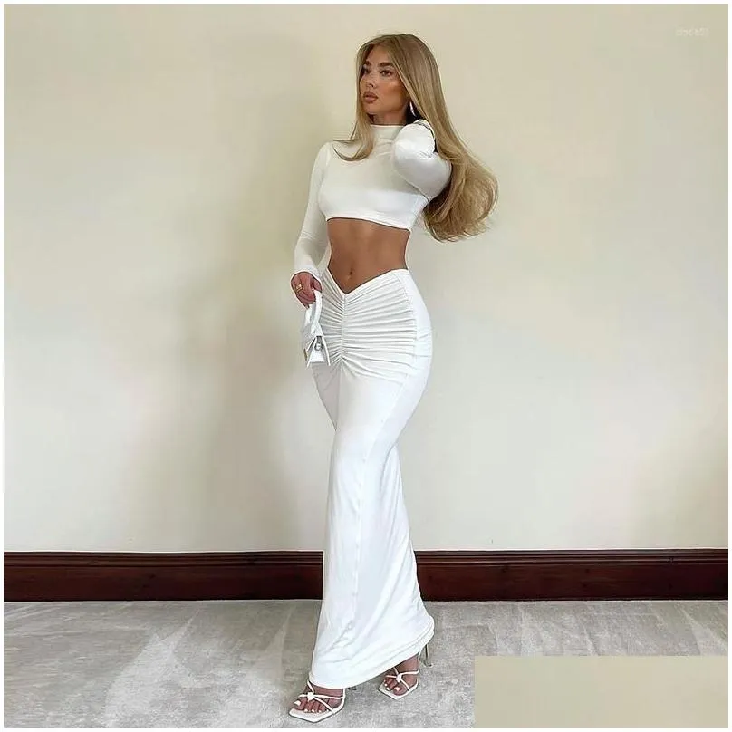 Work Dresses Women Dress Two Piece Set Elegant White Long Sleeve Crop Tops And Ruched Pencil Skirts Party Clubwear Drop Delivery Dhasy