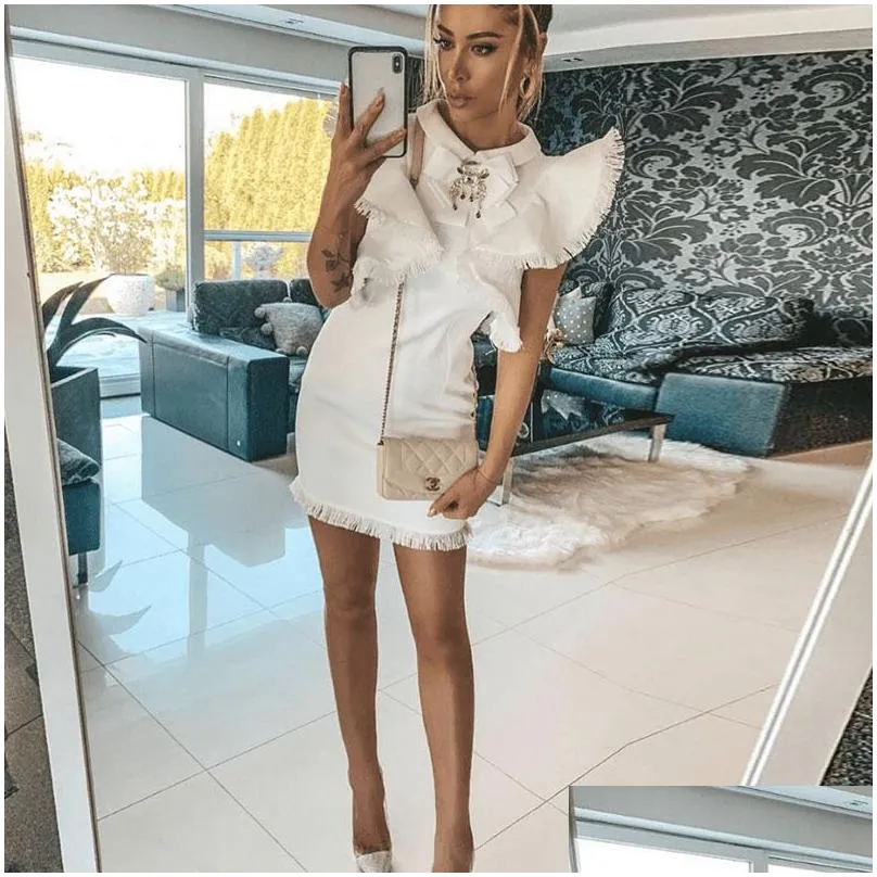 Basic & Casual Dresses Women Lotus Leaf Sleeve Tassel Dress Lapel Spring Summer Solid Color Black White Elegant Short Sleeves Retro F Dhdj6