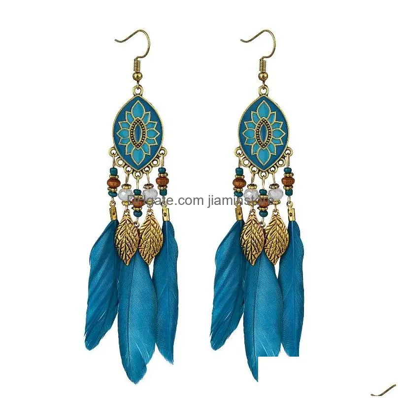 Dangle & Chandelier Earrings Bohemian Jewelry Oval Flower Enamel Charm Earring Vintage Feather Pendientes Mujer Beads Leaf Tassel Ear Dh0Mz