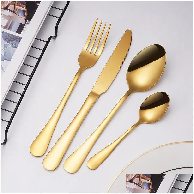 Flatware Sets 4Pcs/Set Gold Sier Cutlery Knife Set Stainless Steel Tableware Dinnerware Fork Spoon Steak Travel Drop Delivery Home Gar Dh8Cn