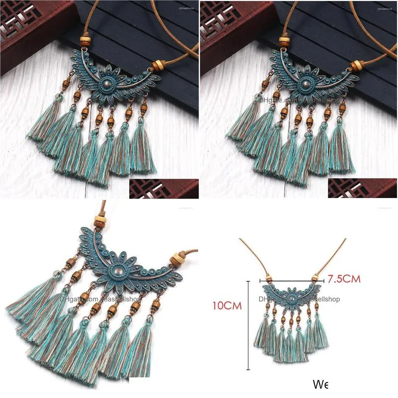 Pendant Necklaces Women Boho Vintage Blue-Mixed Tassel Necklace Choker Leather Long Sweater Rope Chain Statement Jewelry Accessories Dhzhb