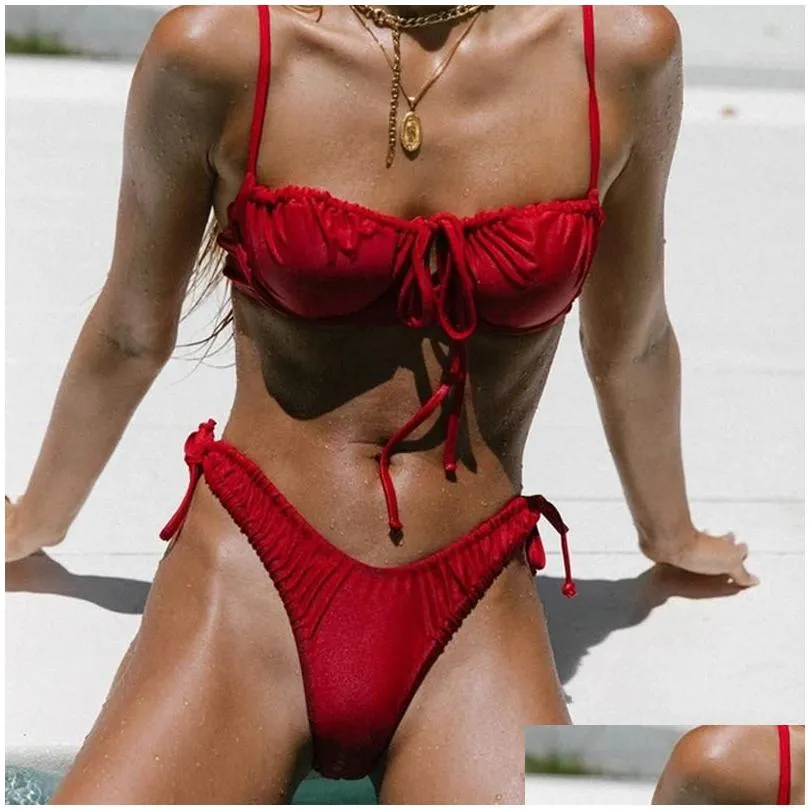 Women`S Swimwear Brazilian Y Solid 2 Piece Set Bikini Push Up Women Underwire Bathing Suit Bandage Beachwear Biqiuni Swimsuit Womens Dhwsq
