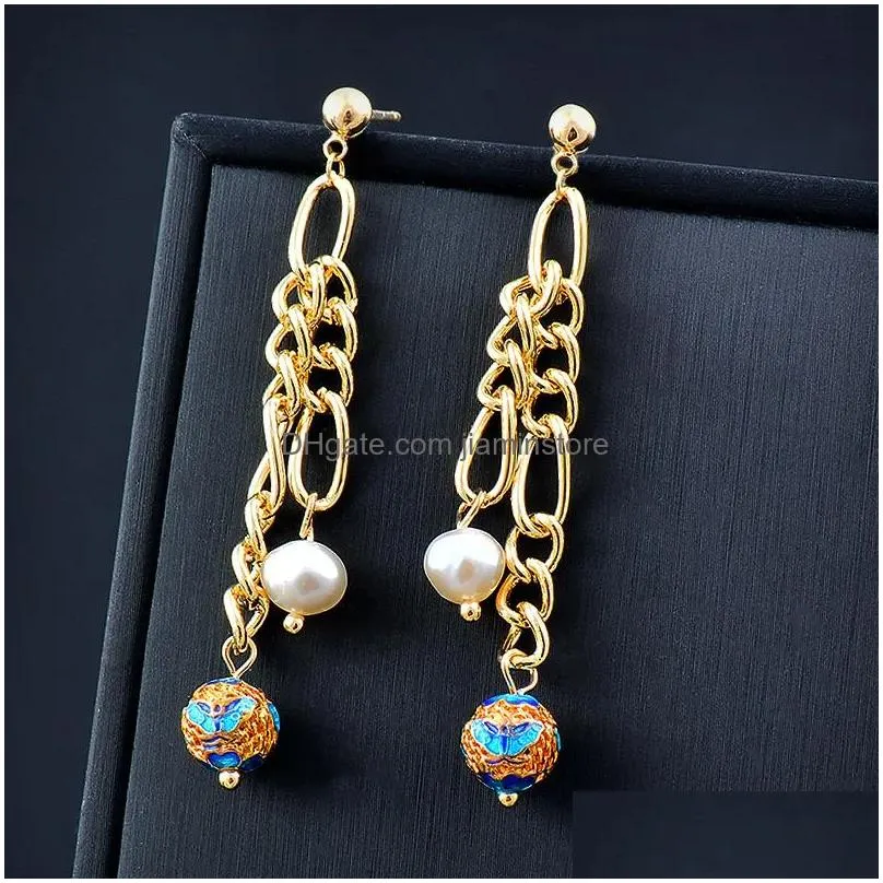 Dangle & Chandelier Vintage Style Green Blue Flower Ball Enamel Earrings For Women Pearl Beads Drop Jewelry Accessories Delivery Dheky