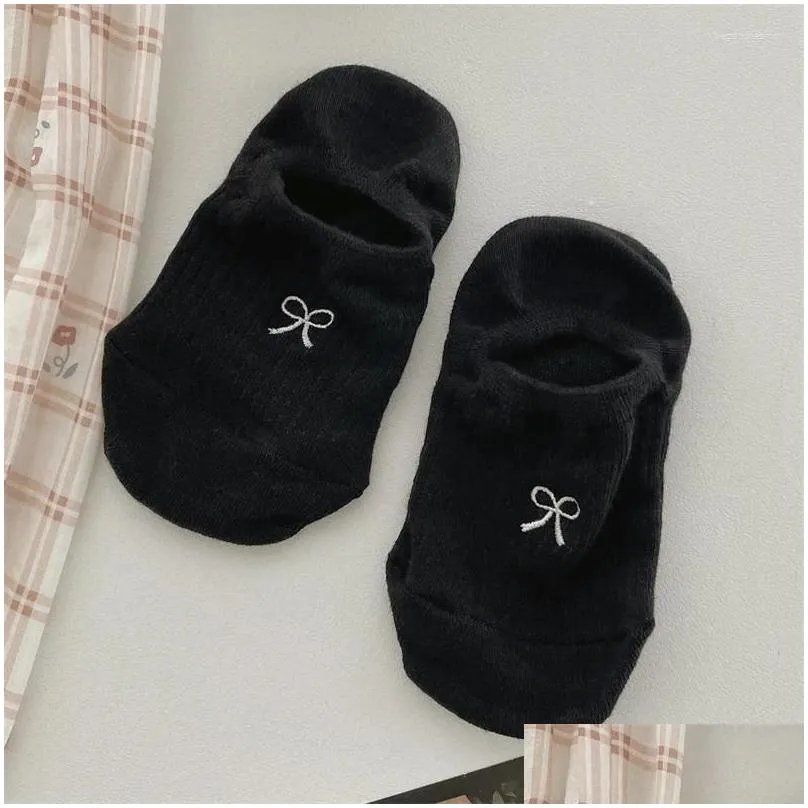 Women Socks Sock Slippers Summer Simple Solid Color Bow Embroidery Invisible For Woman Thin Anti-slip Silicone No Show