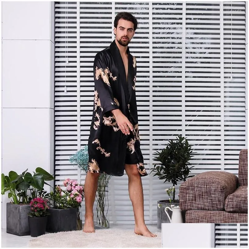 Men`S Sleepwear Mens Black Men Robe Kimono Gown Male Satin Nightwear Long Sleeve Bathrobe Print Pajamas Drop Delivery Apparel Underwe Dhfiy