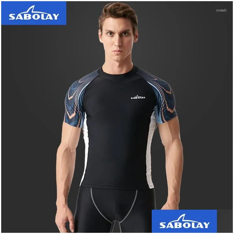Men`S Swimwear Mens Large Swimsuit Short Sleeve Split Wetsuit Skinny Quick-Dry Surfing Suit Swimming Drop Delivery Apparel Clothing Dhcvh