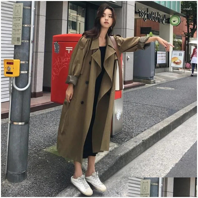 Women`S Trench Coats Womens Khaki Coat Casual Long Outerwear Loose Clothes For Lady With Belt Spring Autumn High Quality Army Drop Del Dhkps