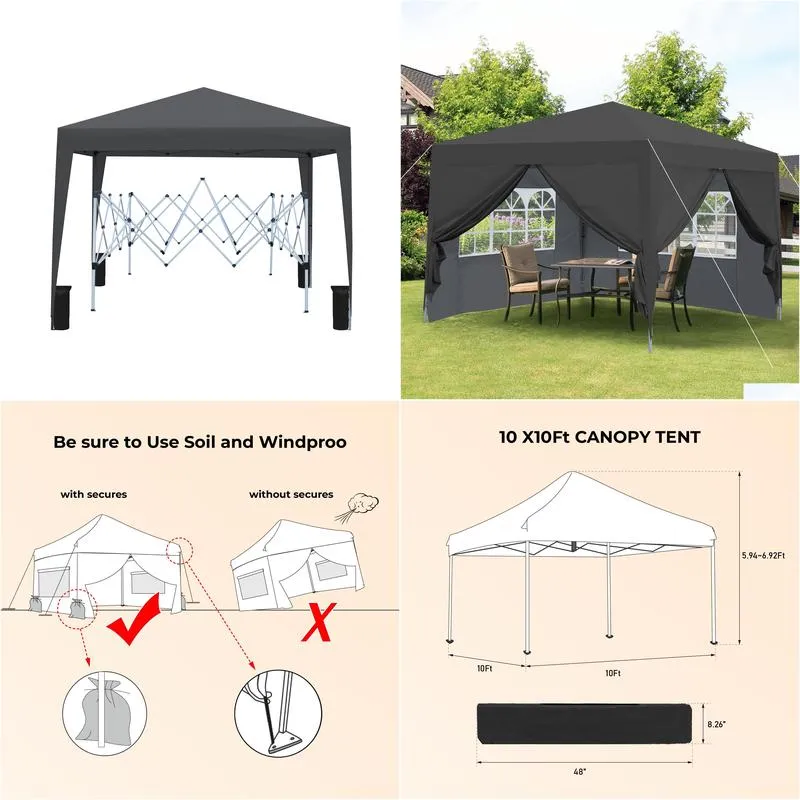 Arches, Arbours, Pergolas & Bridge Outdoor 10 X Ft  Up Gazebo Canopy With Removable Sidewall 2 Pcs Zipper Windows 4 Sand Bag And Dr Otqp9