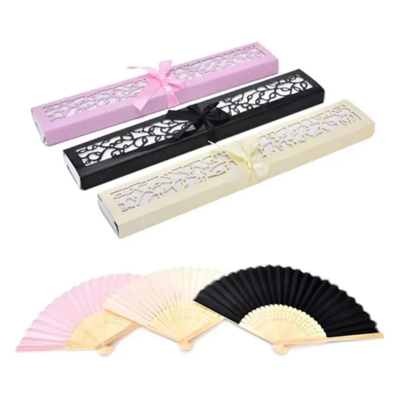 Party Favor Bamboo Silk Fold Hand Fan In Elegant Laser-Cut Gift Box Favors Personalized Wedding Gifts 3 Colors Drop Delivery Home Gard Dh6R2