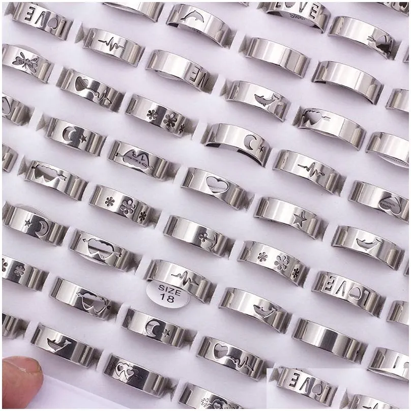 Band Rings 100 Pcs Fashion Hollow Sier Color Stainless Steel For Men Womens Mix Animal Love Jesus Etc Style Size 17Mm To 21Mm Drop De Dh2If