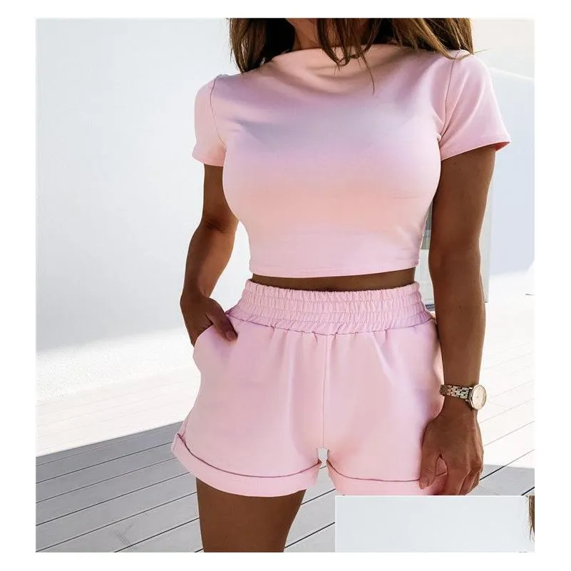 Women`S Tracksuits Womens 3 Colors Women S Clothing Casual Outfit Short Sleeve High Waist Shorts 2 Piece Set Fashion Bodycon S-Xl Dro Dhqvk