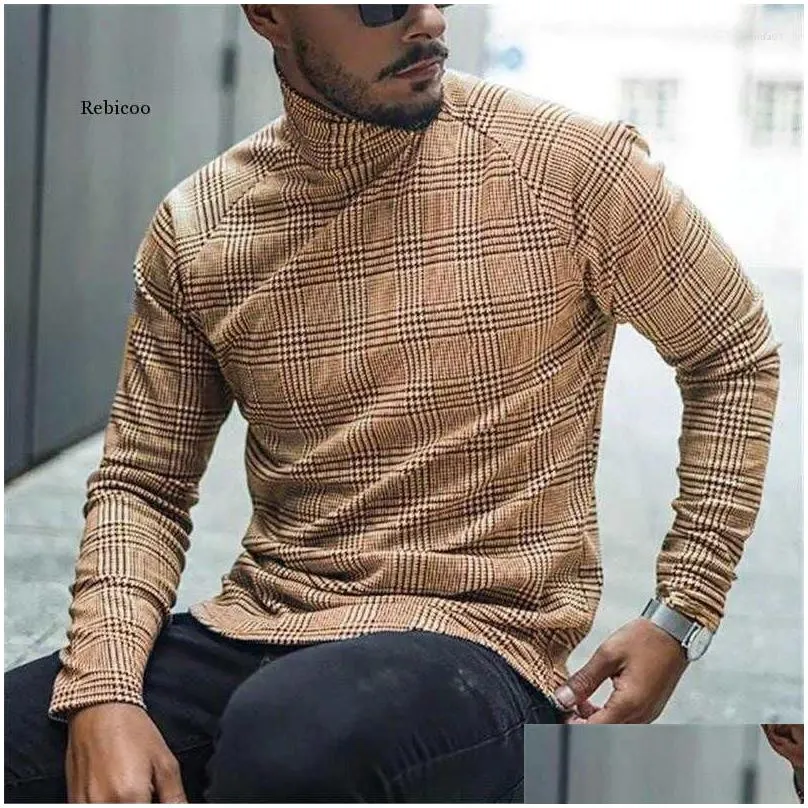 Men`S T-Shirts Mens T Shirts Autumn Casual Plaid Print Shirt Spring Fashion Turtleneck Plover Tops Male Long Sleeve Slim Tee Streetwea Dhrqq