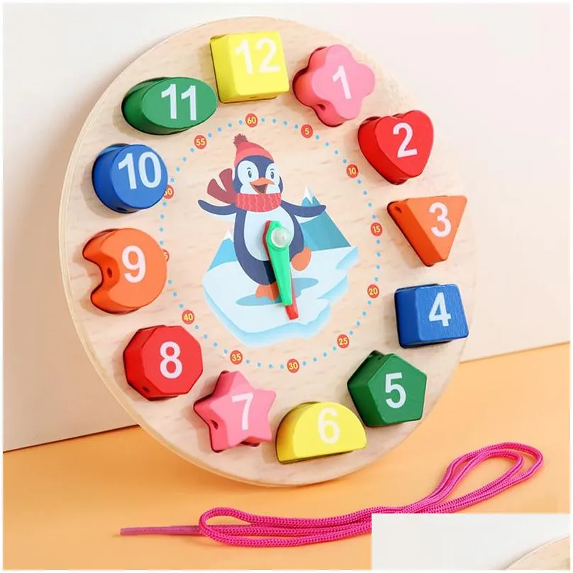 wholesale wooden penguin digital clock model childrens early education teaching aids 17.5x17.5x2.3cm