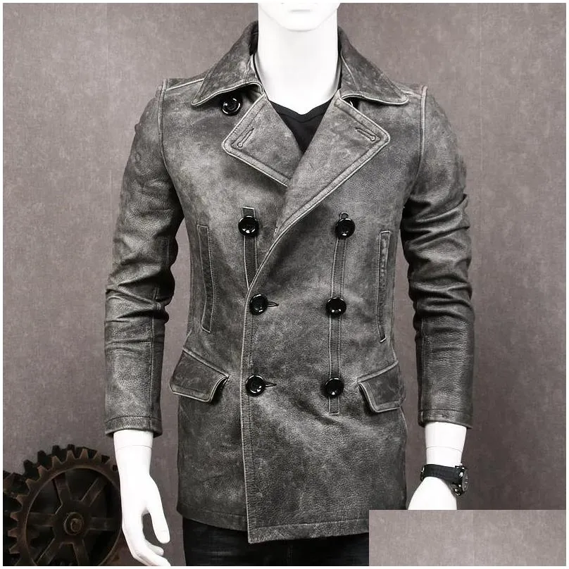 Men`S Leather & Faux .Winter Man Thicker Jacket Mens Genuine Coat.Vintage Gray Cowe Clothes.Long Clothing Drop Delivery Apparel Outerw Dhz9U