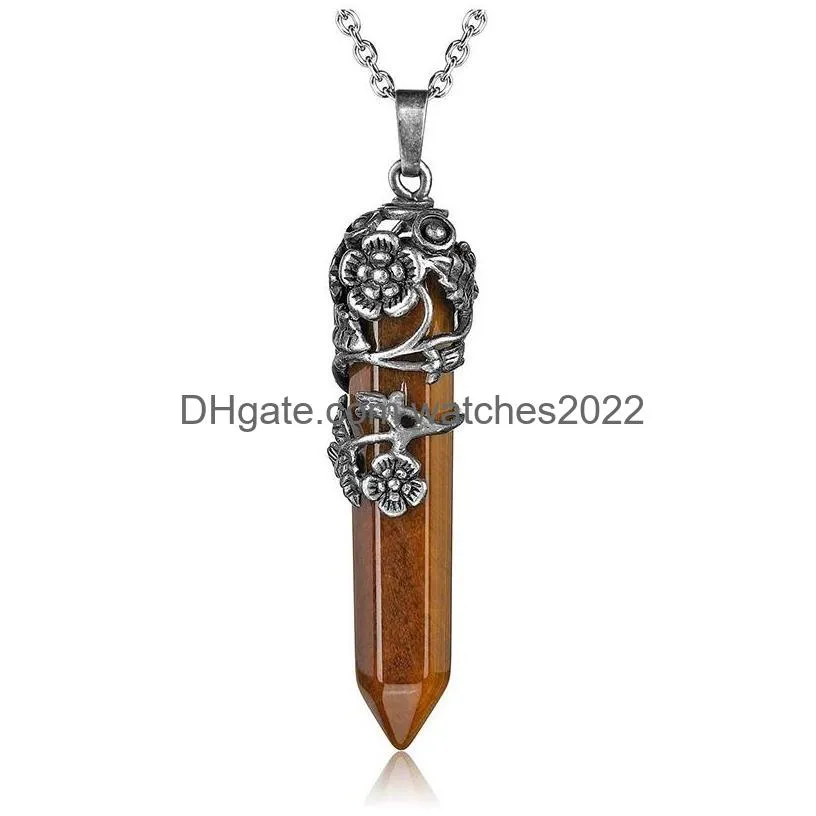 Pendant Necklaces Women Hexagonal Gifts Antique Sier Flower Wrap Natural Crystal Stones Design Link Chain Necklace Fashion Turquoise O Dhla8