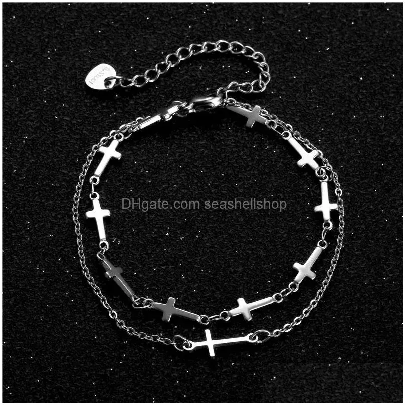 Chain Link Bracelets Fashion Korean Drip Oil Geometric Double Layer Jesus Christmas Gift Cross Bracelet Drop Delivery Jewelry Dhn5D