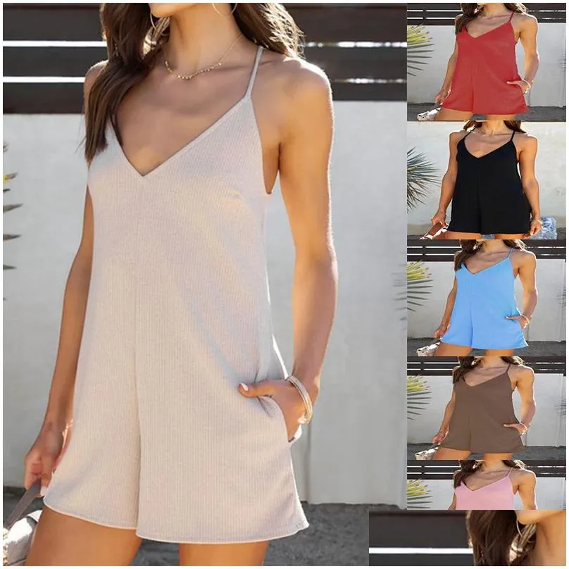 Women`S Jumpsuits & Rompers Womens Summer New Style Sling Adjustable Pocket Casual Loose One Piece Shorts Drop Delivery Apparel Cloth Dhbxh