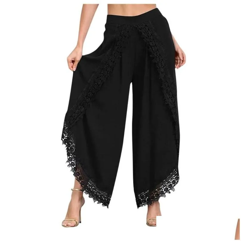 Women`S Pants & Capris Womens Lady Wear Mori Girl Elastic Waist Lace Cloghet Wide Leg Calf-Length Cotton Trousers Hippie Boho Women 2 Dh4Ak