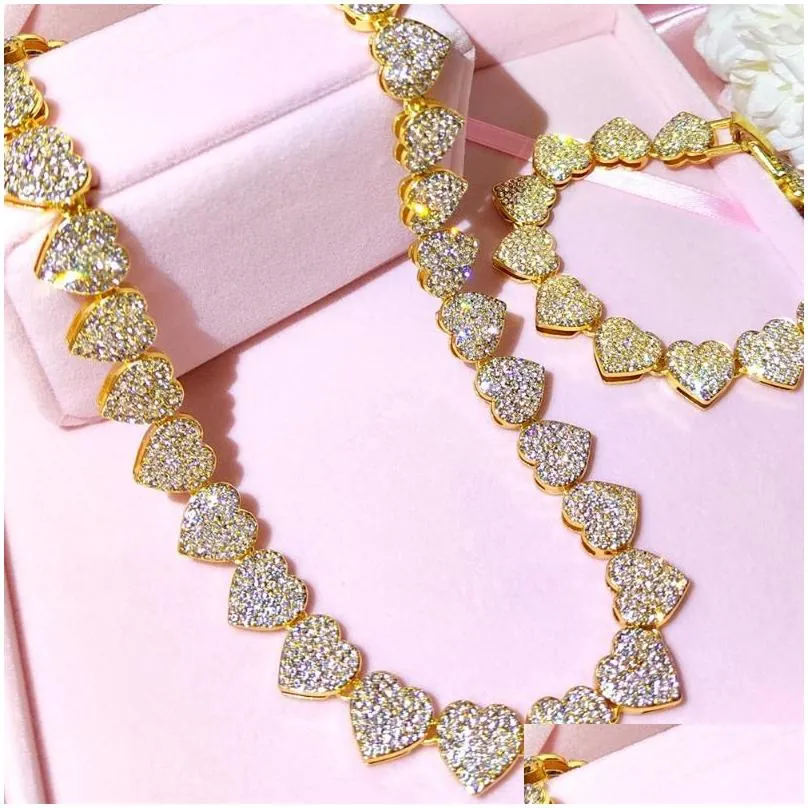 Pendant Necklaces Crystal Heart Cuban Link Chain Necklace For Women 15Mm Bling Fl Rhinestones Paved Tennis Hip Hop Jewelrypendant Dro Dhypc