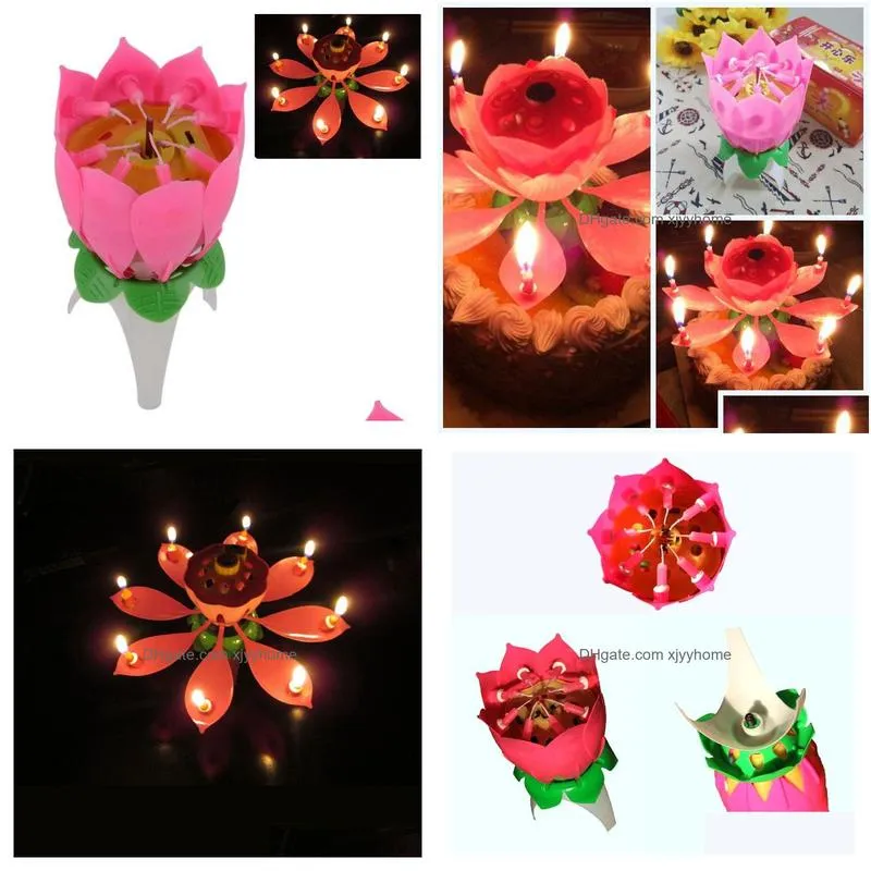 Candles 2021 Musical Lotus Flower Flame Happy Birthday Cake Party Gift Lights Rotation Decoration Lamp Surprise Drop Delivery Home Gar Dhczl