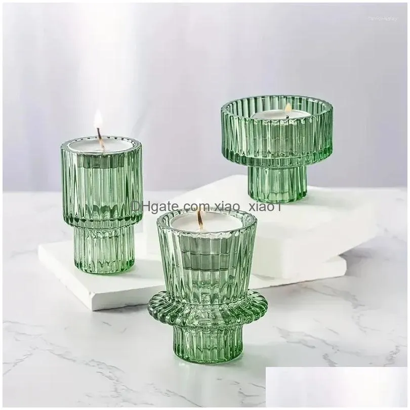 candle holders 3/6pcs strip pattern glass conical tea candlestick holder vintage craft wedding party table dinner decoration stand