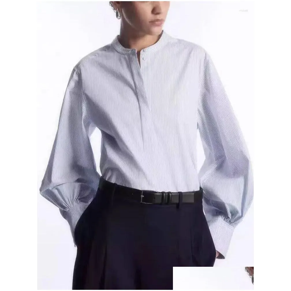 Women`s Blouses Women Stand Collar Stripes Shirt Spring Summer All-Match Female Pleated Blouse 2024