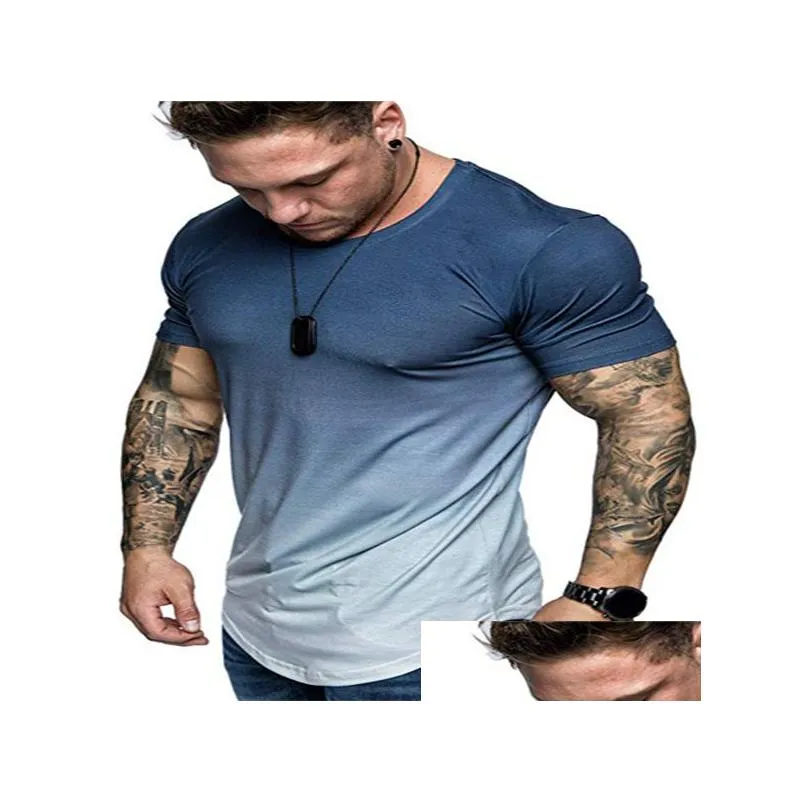 Men`S T-Shirts Mens T Shirts Gradient Short Sleeve T-Shirt Fashion Washed Round Neck Tee Retro Loose High Street Casual Drop Delivery Dhbej