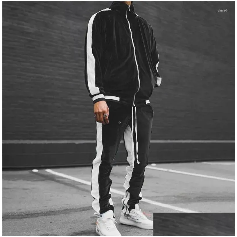 Men`S Tracksuits Mens Tracksuit Sweatsuit Jogging Suits Velour Standing Collar Color Black 2 Piece Sets Drop Delivery Apparel Clothin Dhdzh