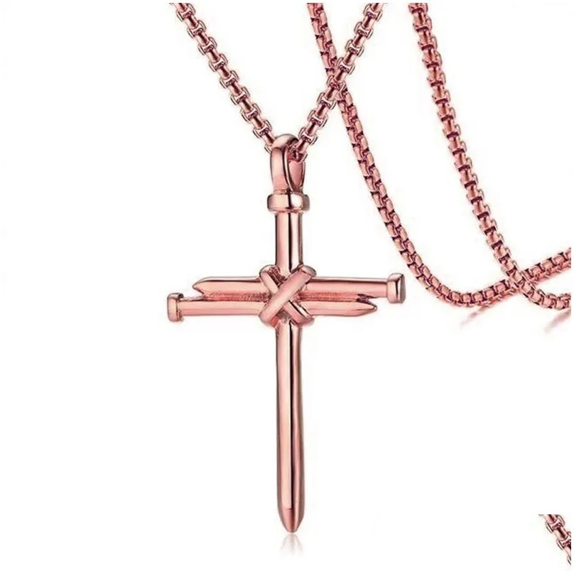 Pendant Necklaces Mens Nail Cross Fashion Stainless Steel Link Chain Necklace Black Rose Gold Sier Punk Style Hip Hop Jewelry For Wome Dhvur