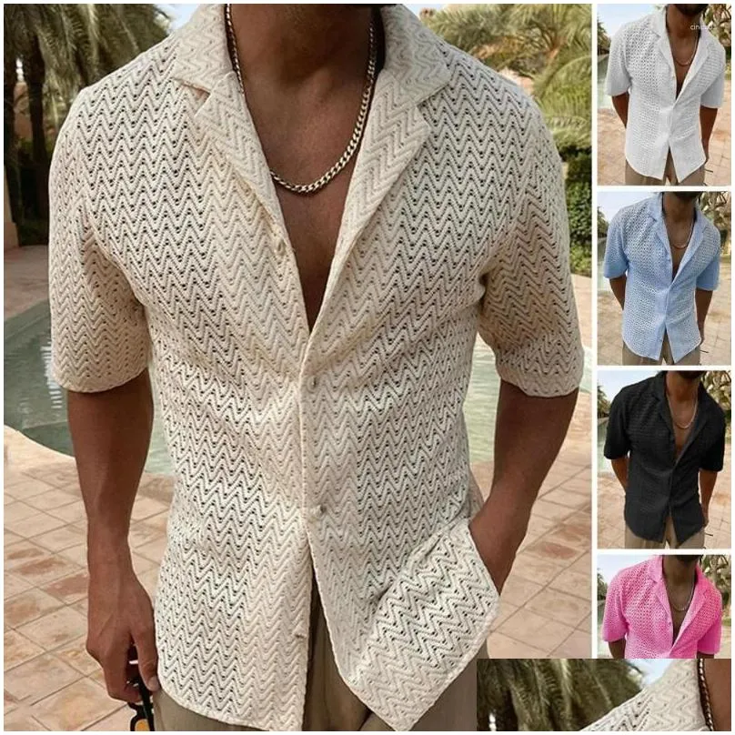 Men`S Casual Shirts Mens Men Summer Shirt Solid Color Hollow Out Lapel Single Breasted Placket Short Sleeve Top Drop Delivery Apparel Dhxma