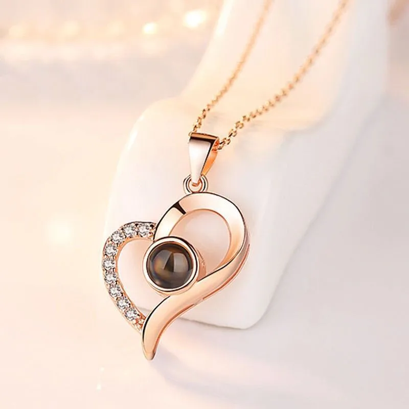Pendant Necklaces Fashion Jewelry Heart Projection Hollow Out 100 Kinds Of Languages I Love You Memory Necklace Female Dithering Tone Otyom