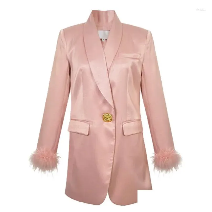 Women`S Suits & Blazers Womens Sweet French Loose Suit Coat Women Elegant Cute Pink Satin Fur Cuff Pockets Jackets Formal Business Bl Dhckl