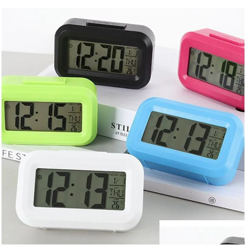 Desk & Table Clocks Plastic Mute Alarm Clock Led Smart Temperature Cute Posensitive Bedside Digital Sn Nightlight Calendar Drop Delive Dhhk4