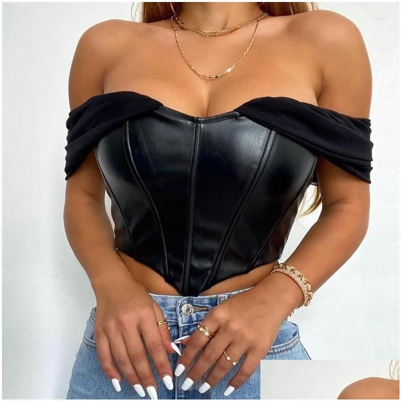 Women`S Blouses & Shirts Womens 2023 Pu Leather Y Blouse Women Summer Off Shouder Back Zipper Slim Crop Tops Club Punk And Female Dro Dhts2