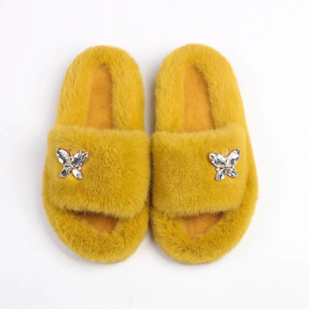 Women Fluffy Slippers Designer Fur Slides Crystal Butterfly Faux Fur Sandals Glitter Rhinestone Platform Slippers Female Shoes 240322