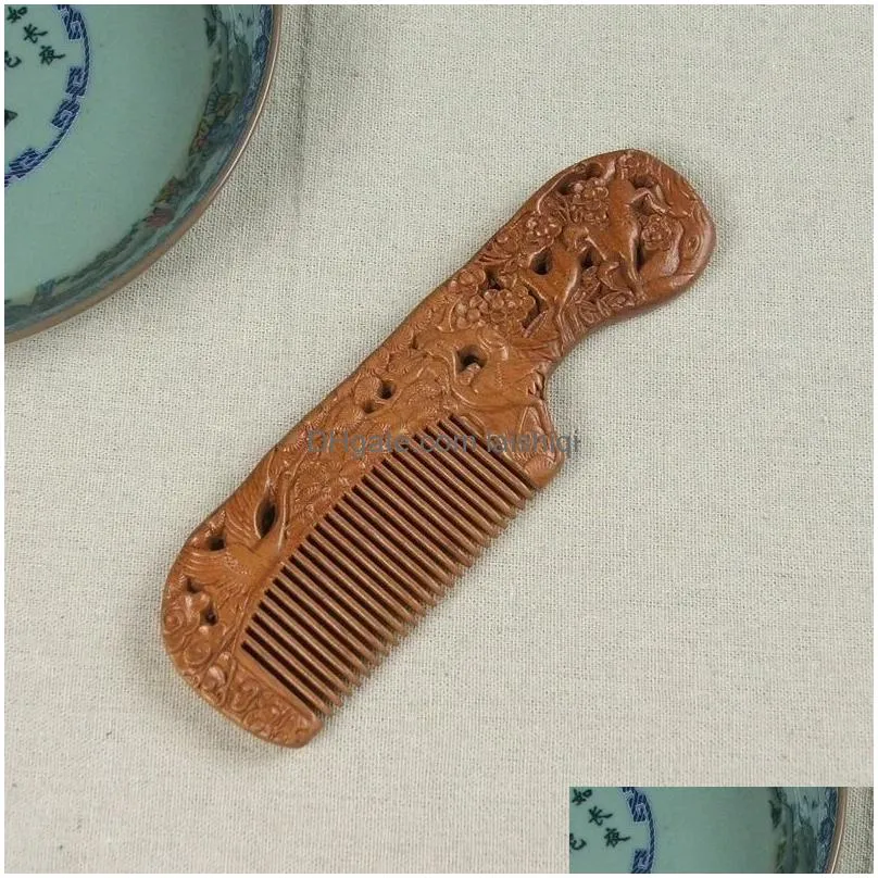 natural peach wooden comb handmade decorative carved pattern hollow out handmade wooden portable girl gift massage hair combs