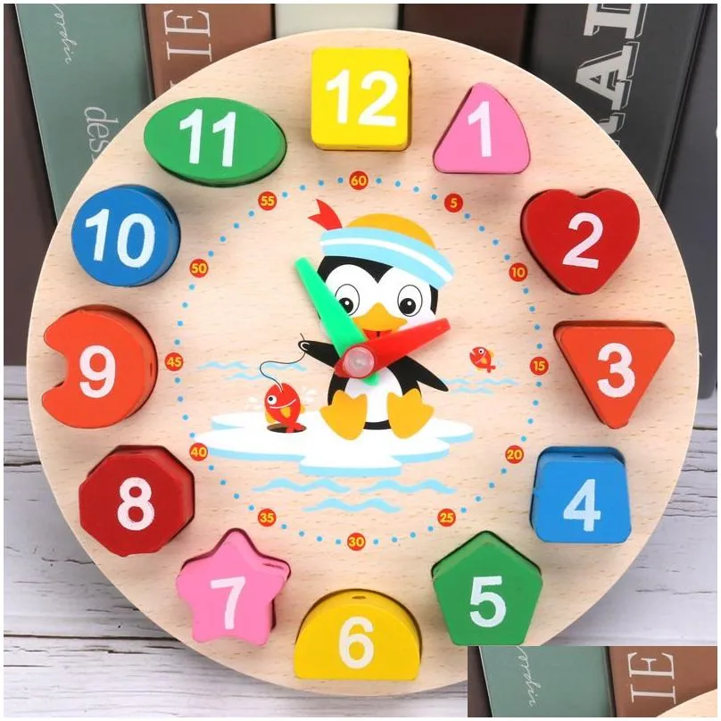 wholesale wooden penguin digital clock model childrens early education teaching aids 17.5x17.5x2.3cm