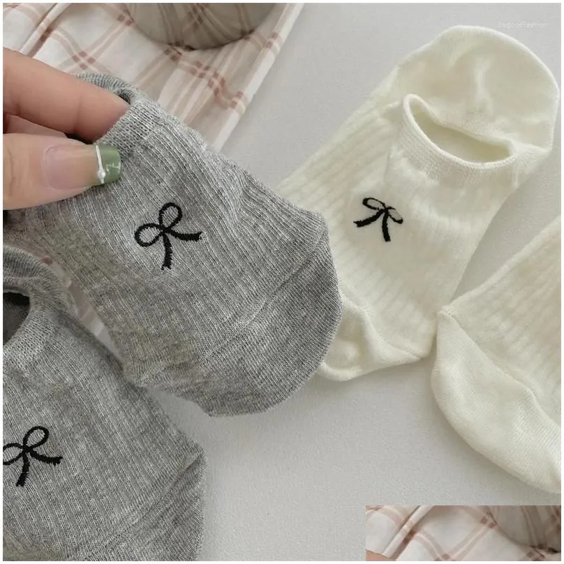 Women Socks Sock Slippers Summer Simple Solid Color Bow Embroidery Invisible For Woman Thin Anti-slip Silicone No Show