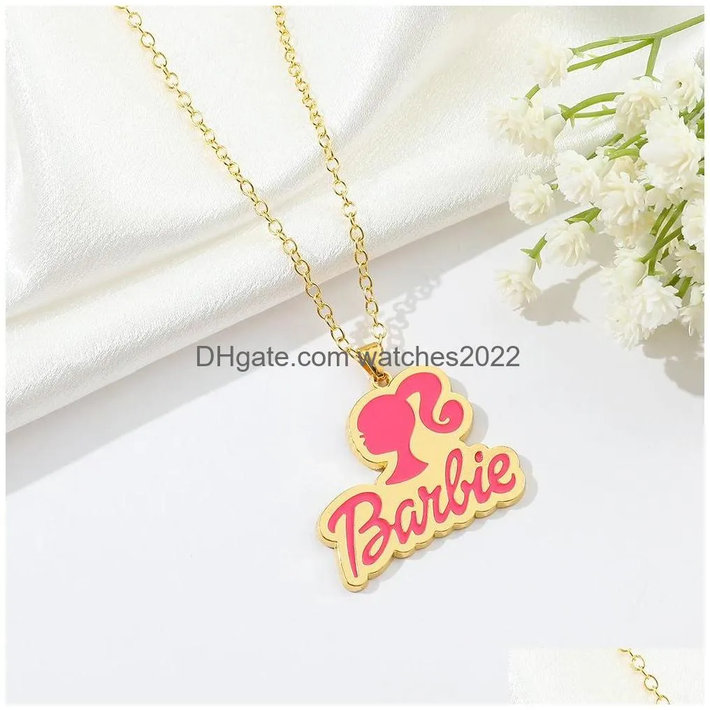 Pendant Necklaces Cute S Letter Pink Color Round With Gold Link Chain Girls Princess Party Jewelry Charms Fashion Design Accessories F Dhzix