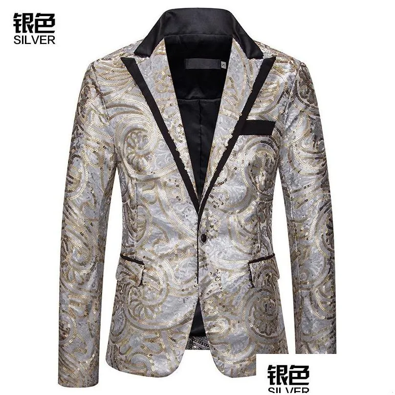 Men`S Suits & Blazers Mens Luclesam Men Sequined Blazer Fashion Party Shine Pierced Collar One Button Suit Jacket Stage Performance C Dhw9B