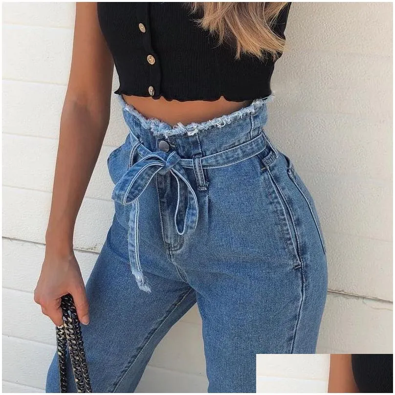 Women`S Jeans High Waisted Deckle Edge Waist Strap Pants Women Rise Clothes Valentine Gift Drop Delivery Apparel Clothing Dhbns
