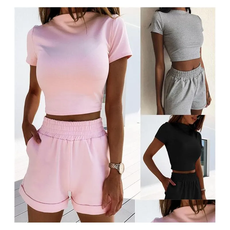Women`S Tracksuits Womens 3 Colors Women S Clothing Casual Outfit Short Sleeve High Waist Shorts 2 Piece Set Fashion Bodycon S-Xl Dro Dhqvk