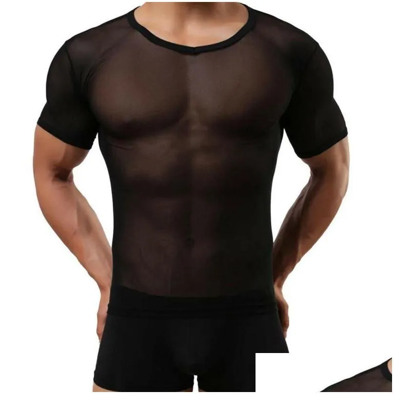 Men`S T-Shirts Mens Y Skinny T Shirt Men Tops Black See Through Mesh Short Sleeve Tshirt Perspective O Nek Underwear Nightwear Drop De Dhlwb