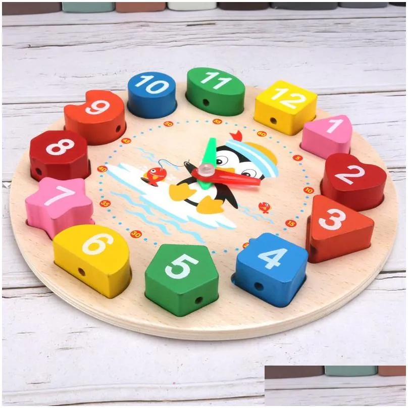 wholesale wooden penguin digital clock model childrens early education teaching aids 17.5x17.5x2.3cm