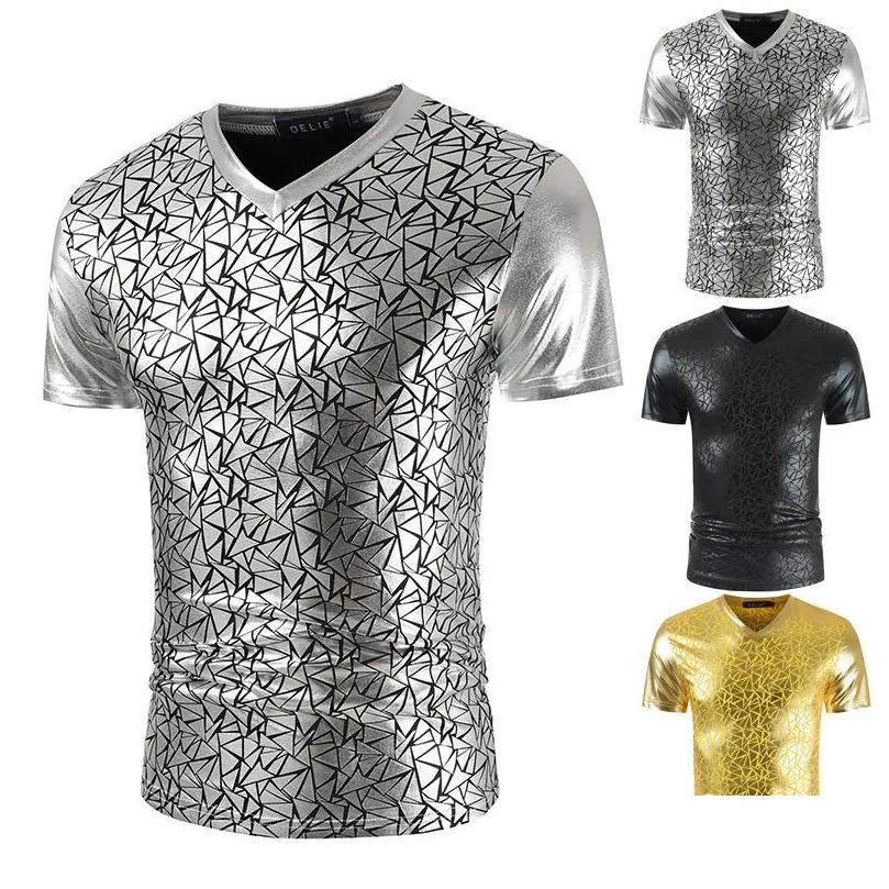 Men`S T-Shirts Mens Shiny Sier Metallic Nightclub Wear T Shirt Men 2022 Geometric Pattern Stage Prom Shirts Slim Fit V Neck T-Shirt Dr Dhbhw