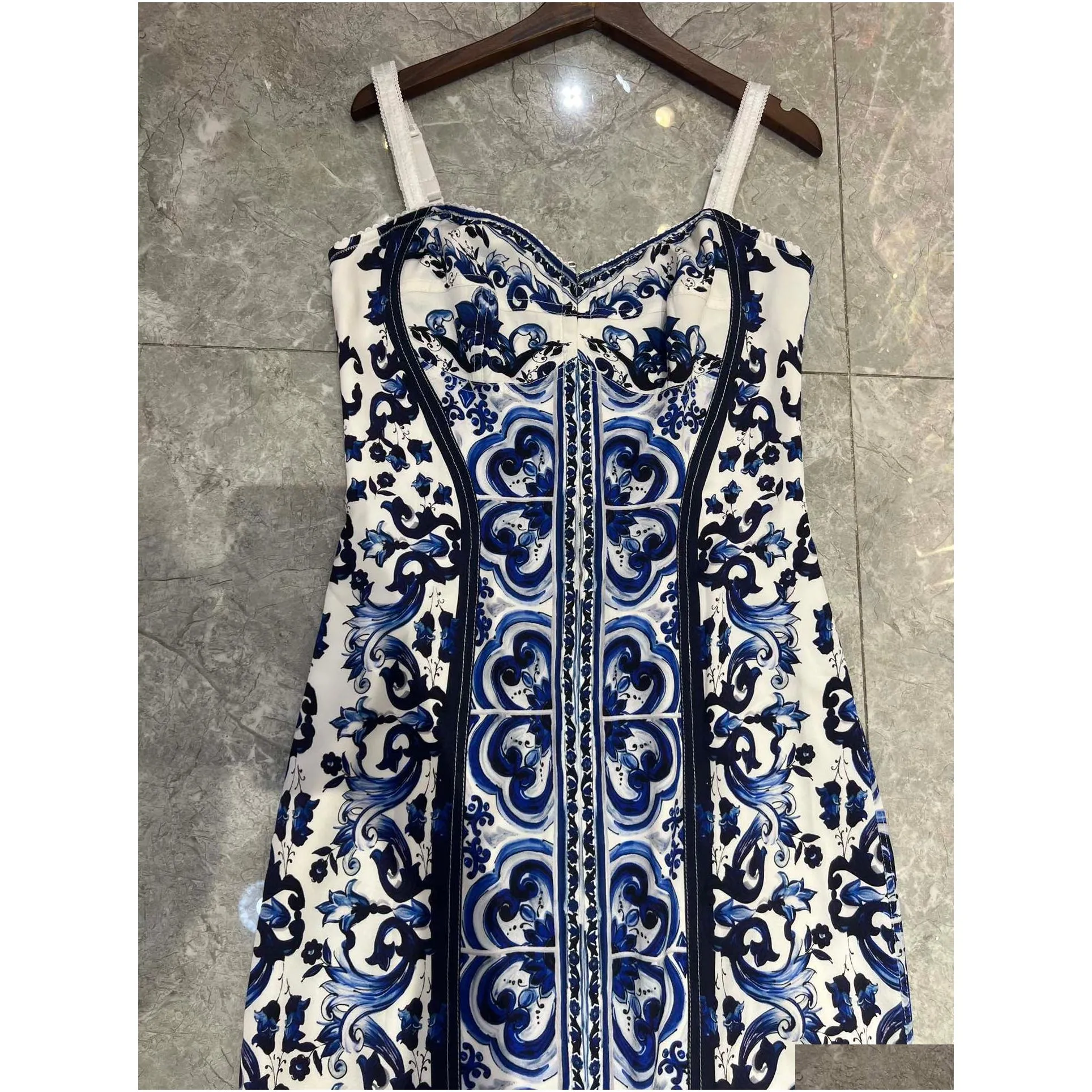 womens dress blue and white porcelain printed silk gathered waist midi slip dress