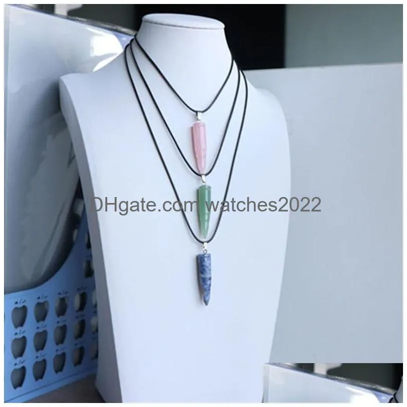 Pendant Necklaces Natural Stones Crystal Quartz Agate Gemstones Charm Necklace Black Wax Rope Chain Fashion Men Women Choker Jewelry D Dhgnm